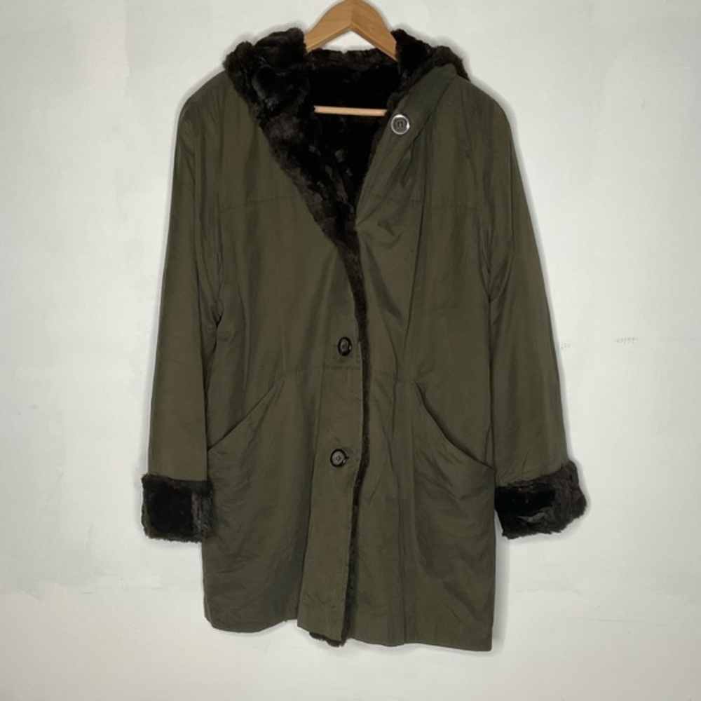 Jones New York Green Khaki Fur Lined Reversible Hooded Coat Jacket Large